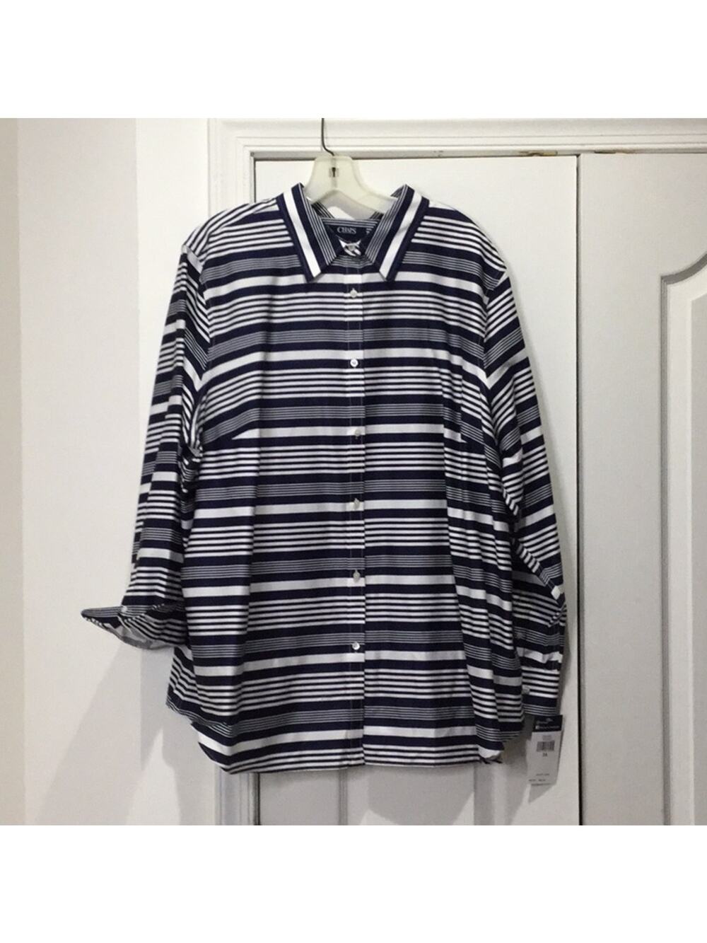 Chaps 3x navy/white no wrinkle 💯cotton blouse NWT